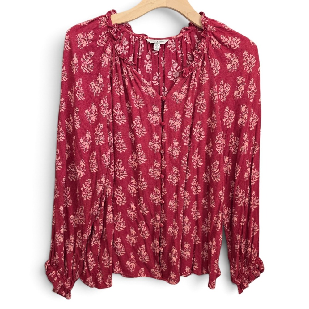 Lucky Brand Blouse Top Medium M Red Floral Ruffle Neck Button Front Long Sleeve